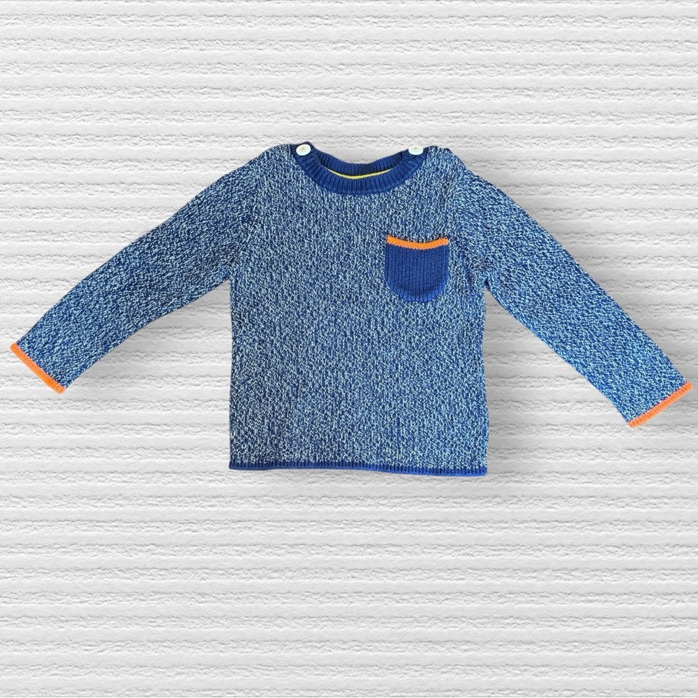 Baby Boden blue and orange knit sweater with buttons & pocket, 12-18 mo